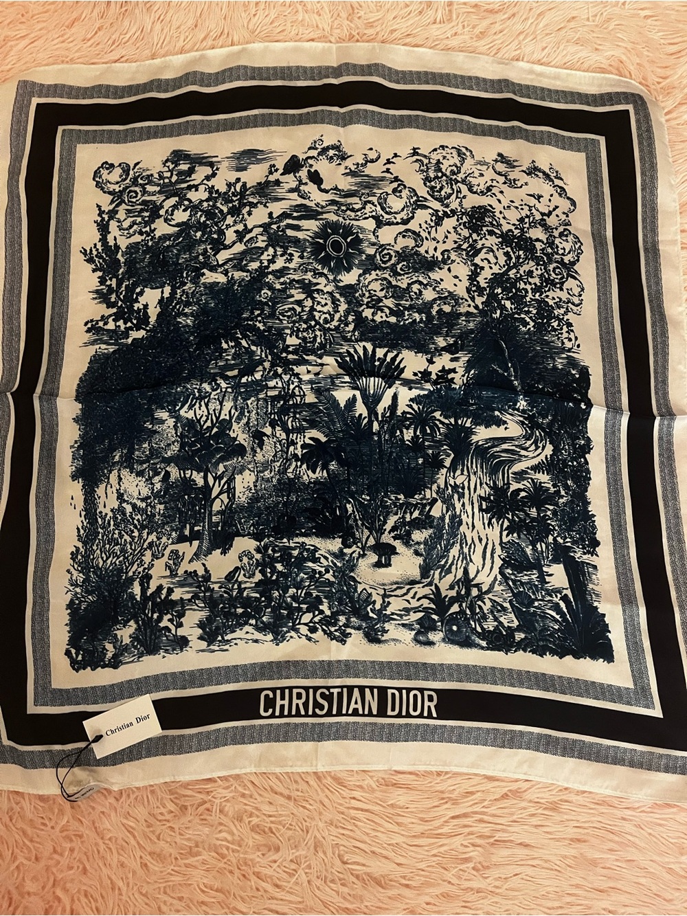 NWT floral blue & white  CD Silk scarf large fashion toile de jouy